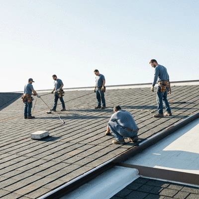 Engaged team performing roof restoration on a commercial building