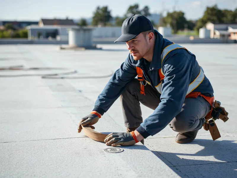 Experienced commercial roofing technician inspecting a large flat roof, showing professionalism and attention to detail.